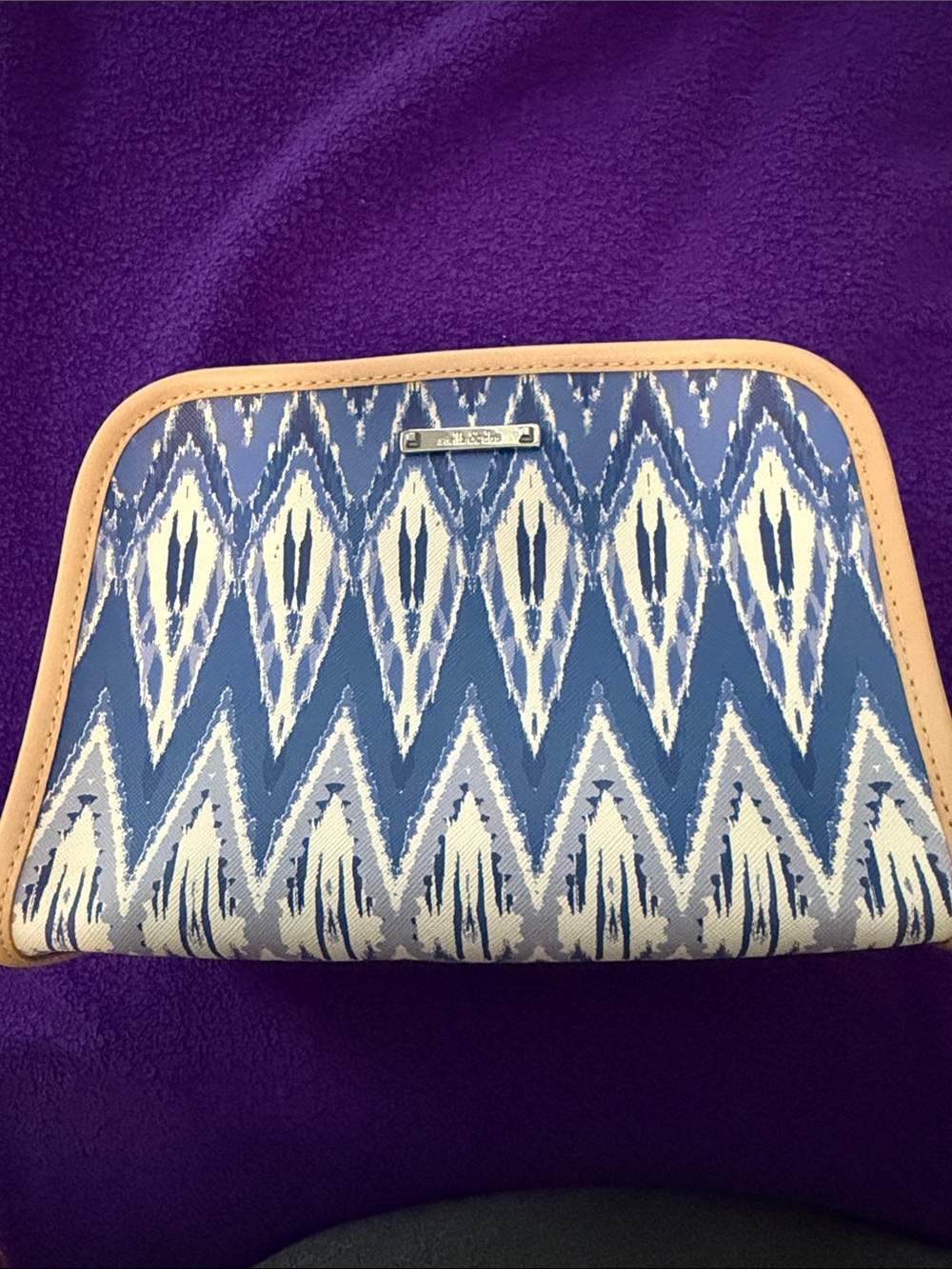 Stella & Dot Ikat Blue and Cream Zigzag Cosmetic Case